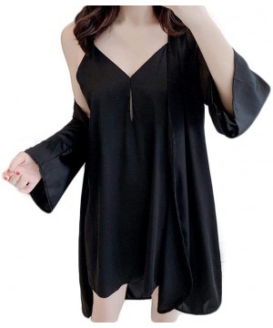 Robes Womens Satin Kimono Robe Bridesmaid Silky Short Nightwear Pure Color Soft Bathrobe Lingerie Sling Nightgown Black - CG1...