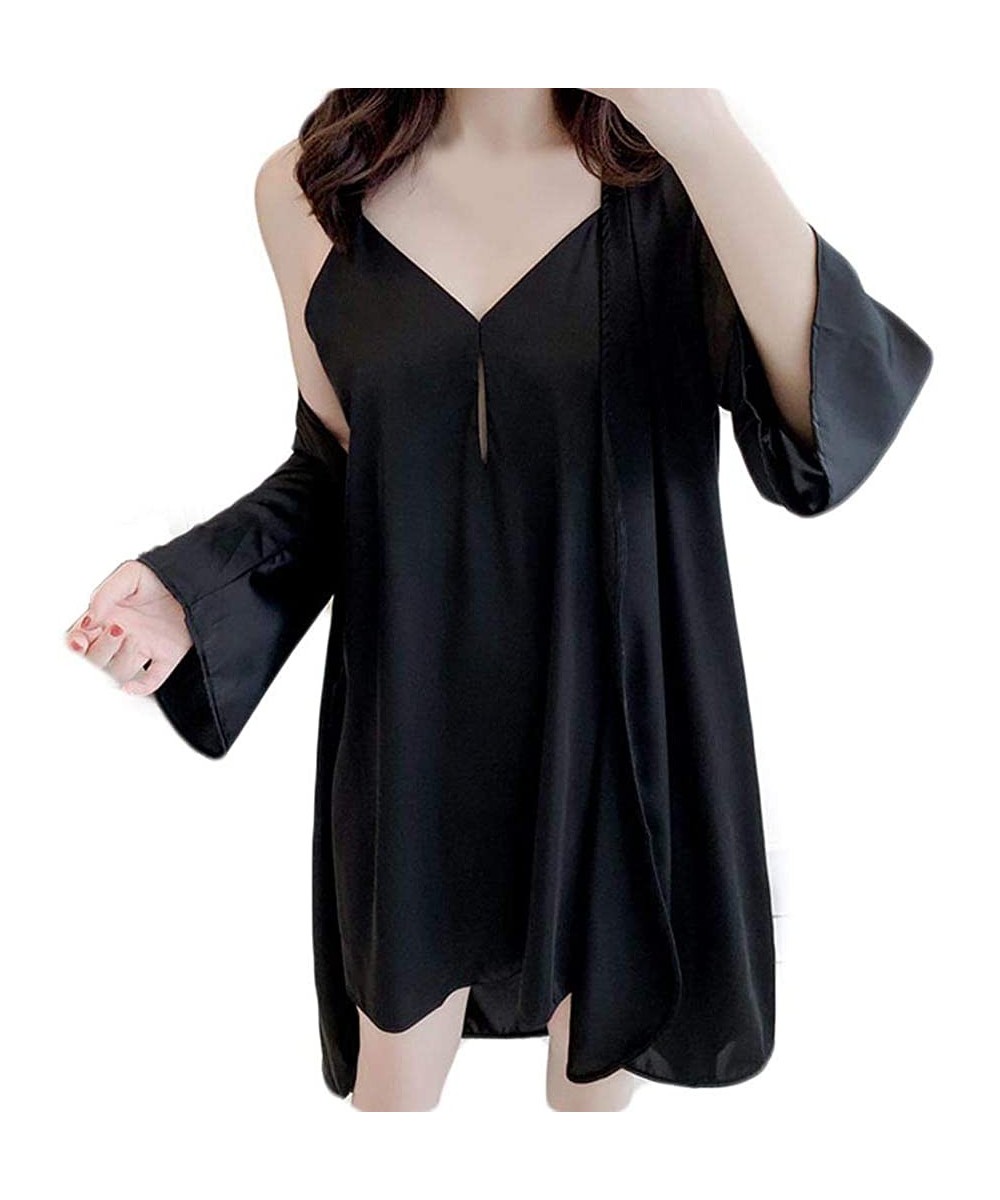 Robes Womens Satin Kimono Robe Bridesmaid Silky Short Nightwear Pure Color Soft Bathrobe Lingerie Sling Nightgown Black - CG1...