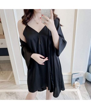 Robes Womens Satin Kimono Robe Bridesmaid Silky Short Nightwear Pure Color Soft Bathrobe Lingerie Sling Nightgown Black - CG1...