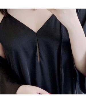 Robes Womens Satin Kimono Robe Bridesmaid Silky Short Nightwear Pure Color Soft Bathrobe Lingerie Sling Nightgown Black - CG1...