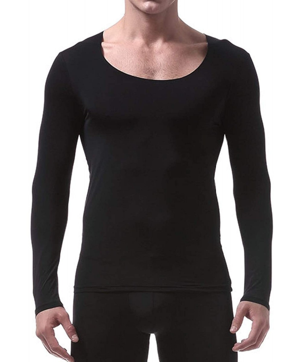 Shapewear Men's Stretch Cotton Long Sleeve Thin and Light Round Collar Underwear - Black - C419DI9YLYM