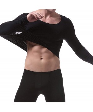 Shapewear Men's Stretch Cotton Long Sleeve Thin and Light Round Collar Underwear - Black - C419DI9YLYM