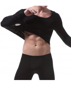 Shapewear Men's Stretch Cotton Long Sleeve Thin and Light Round Collar Underwear - Black - C419DI9YLYM