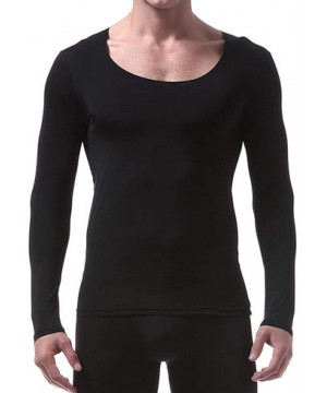 Shapewear Men's Stretch Cotton Long Sleeve Thin and Light Round Collar Underwear - Black - C419DI9YLYM