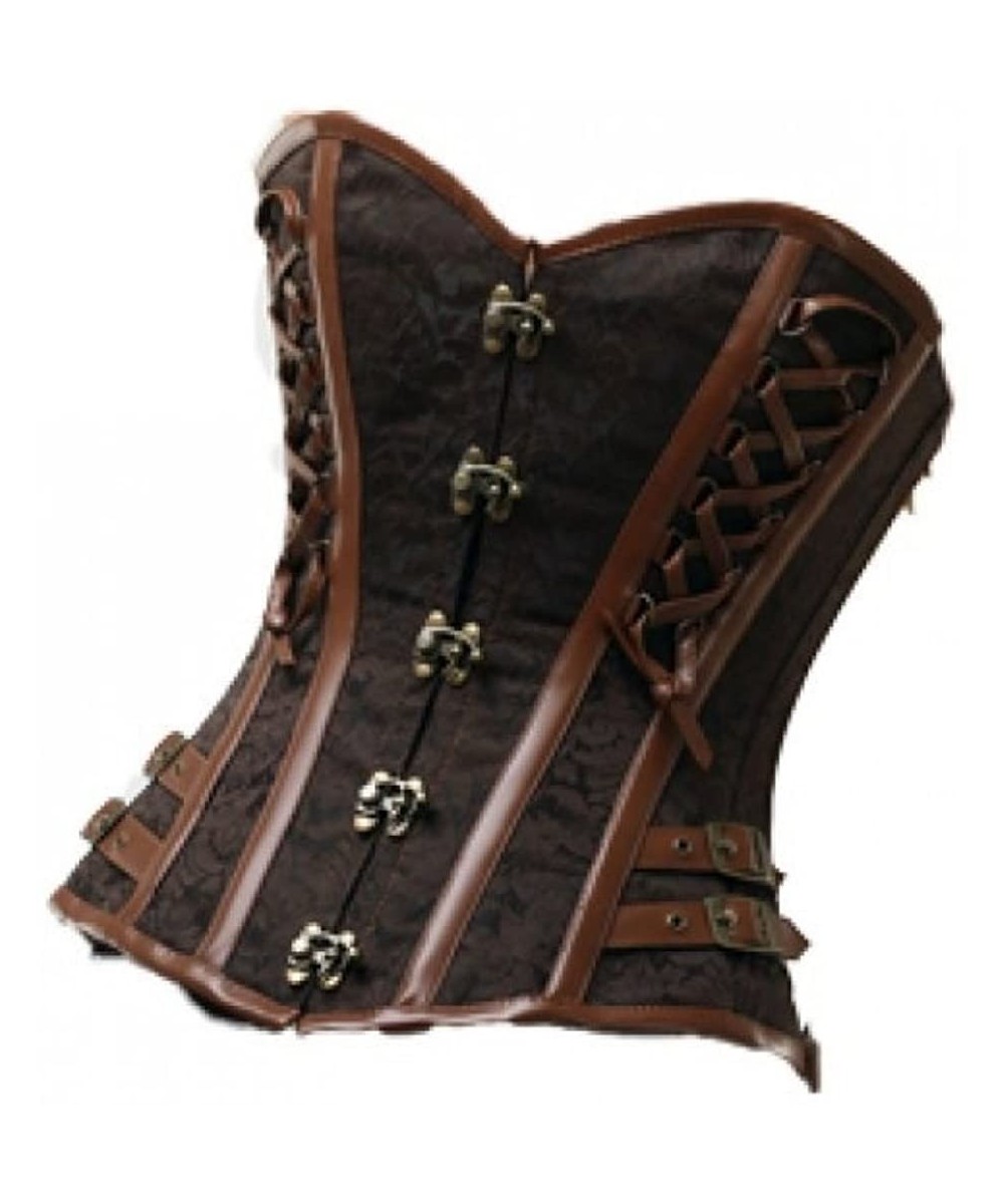 Bustiers & Corsets Brown Brocade Leather Gothic Steampunk Bustier Waist Cincher Overbust Corset Top - CL17YLQY663