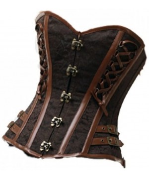 Bustiers & Corsets Brown Brocade Leather Gothic Steampunk Bustier Waist Cincher Overbust Corset Top - CL17YLQY663