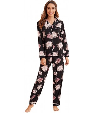 Sets Women's Sleepwear Button Down Satin Long Sleeve Floral Print 2 Piece Pajama Set - Black - CA197LZ9UC2