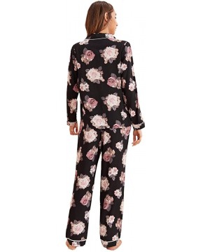 Sets Women's Sleepwear Button Down Satin Long Sleeve Floral Print 2 Piece Pajama Set - Black - CA197LZ9UC2