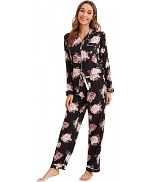 Sets Women's Sleepwear Button Down Satin Long Sleeve Floral Print 2 Piece Pajama Set - Black - CA197LZ9UC2