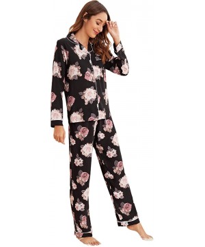 Sets Women's Sleepwear Button Down Satin Long Sleeve Floral Print 2 Piece Pajama Set - Black - CA197LZ9UC2