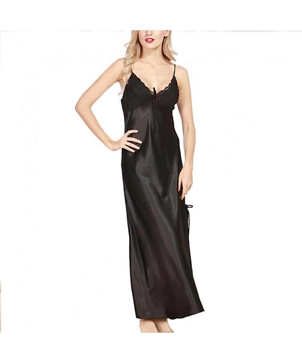 Nightgowns & Sleepshirts Women's Long Satin Slip Nightgowns Laced Ruched Adjustable Spaghetti Straps - Black - CB199U8TQD3