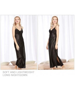 Nightgowns & Sleepshirts Women's Long Satin Slip Nightgowns Laced Ruched Adjustable Spaghetti Straps - Black - CB199U8TQD3