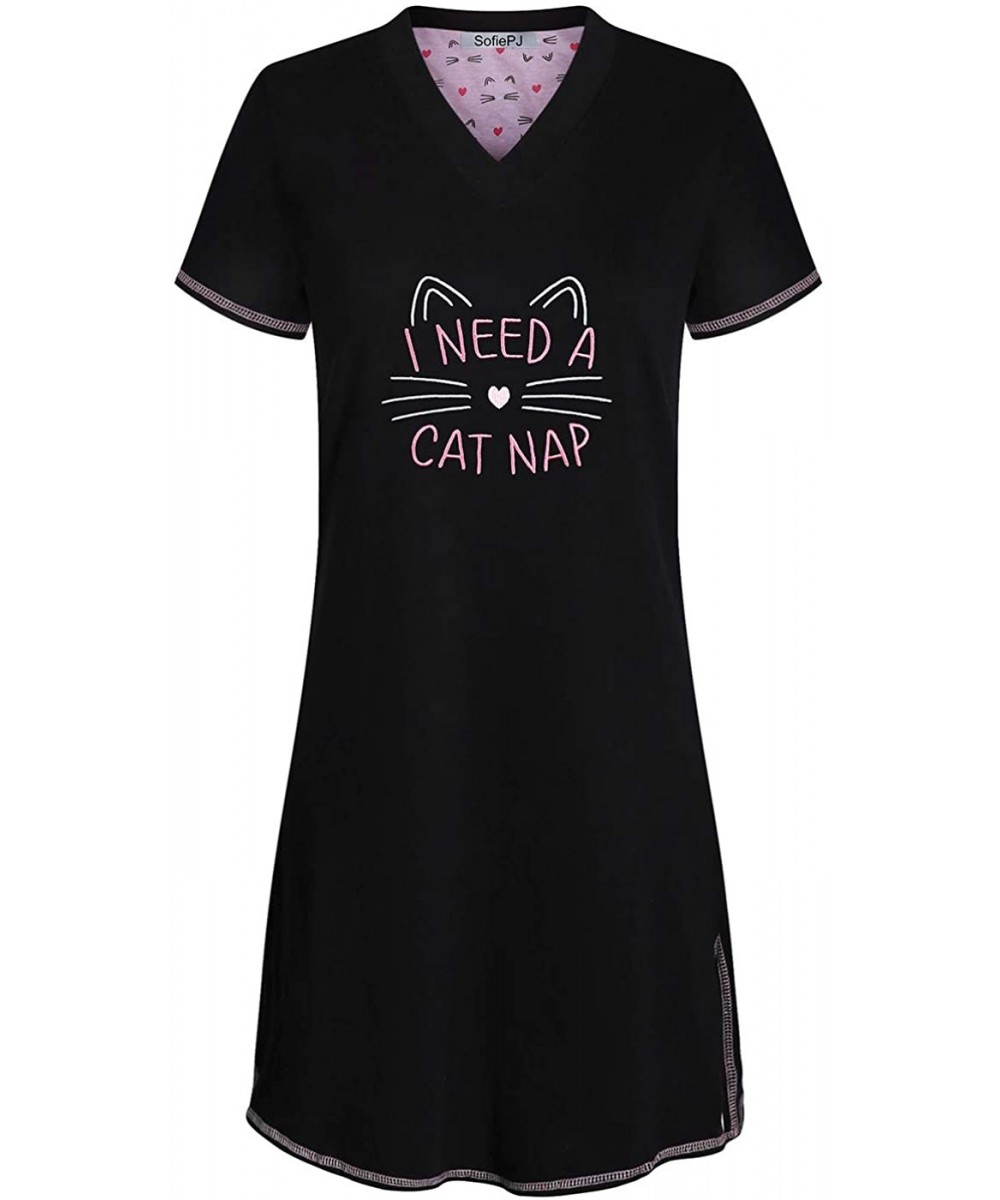 Sets Women's Printed Short Sleeve Pure Cotton Sleepwear Nightgown - Black11 - C619D79M4IM