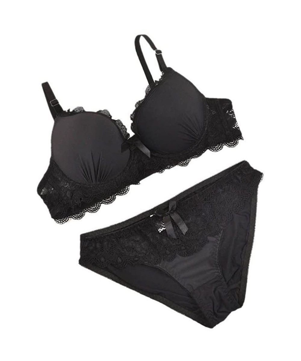 Bras Women Plus Size Lace Bra Sets Solid Color Push up Underwire Bra + Brief Sets - Black - CI184R23S7Y