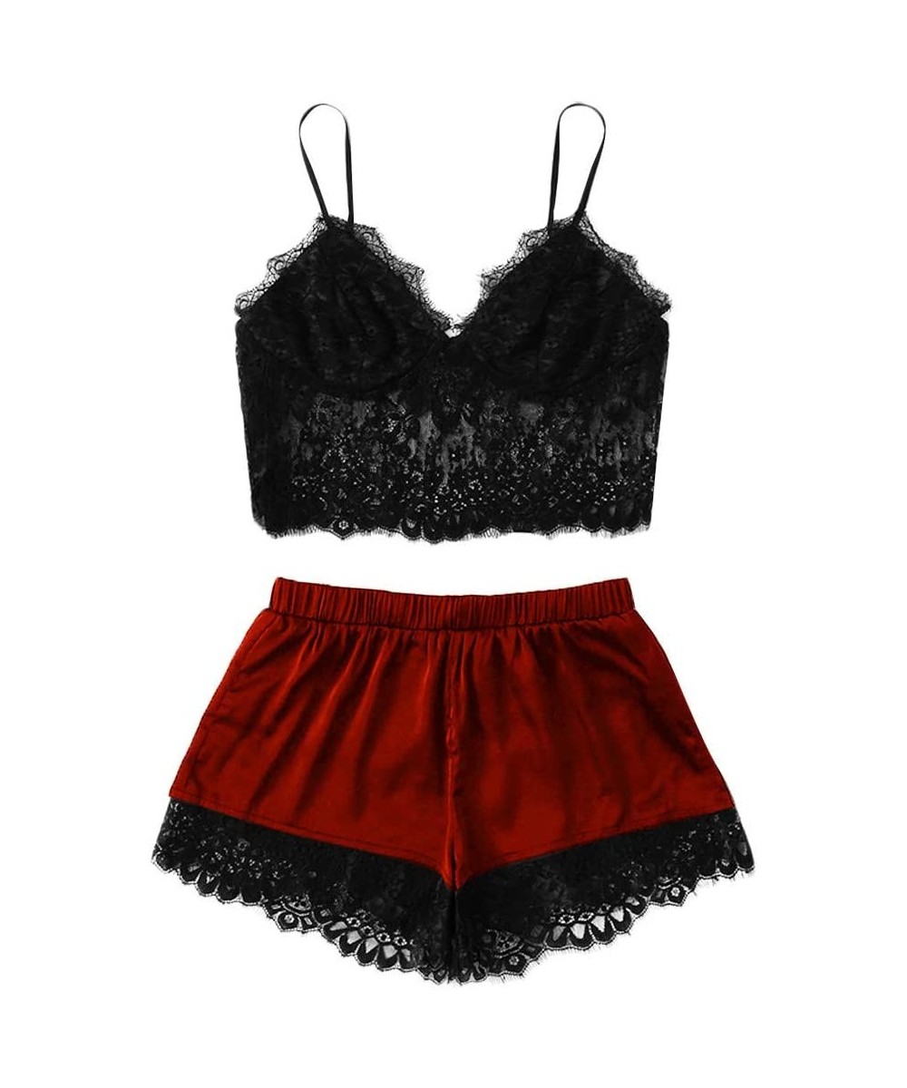 Sets Shorts Velvet Pajama Set Womens Sexy Pajama Set Womens Sexy Lace Sleepwear Cami Top and Shorts Velvet Pajama Set Wine - ...