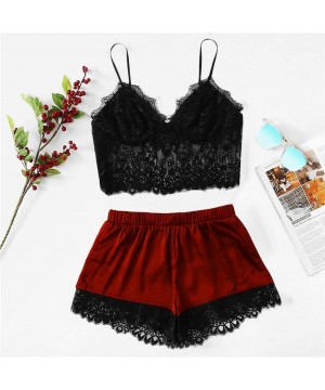 Sets Shorts Velvet Pajama Set Womens Sexy Pajama Set Womens Sexy Lace Sleepwear Cami Top and Shorts Velvet Pajama Set Wine - ...