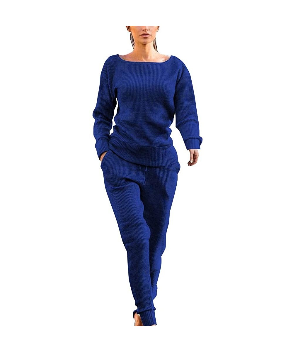 Sets Casual Womens Autumn and Winter Trousers Set Long Sleeve Crop Tops + Pants Suit - Dark Blue - CC192SQIIRI