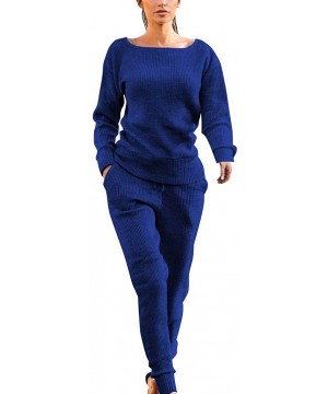 Sets Casual Womens Autumn and Winter Trousers Set Long Sleeve Crop Tops + Pants Suit - Dark Blue - CC192SQIIRI