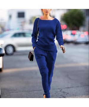 Sets Casual Womens Autumn and Winter Trousers Set Long Sleeve Crop Tops + Pants Suit - Dark Blue - CC192SQIIRI