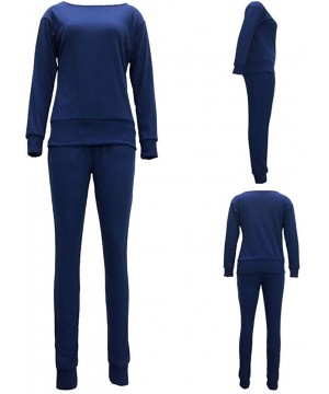 Sets Casual Womens Autumn and Winter Trousers Set Long Sleeve Crop Tops + Pants Suit - Dark Blue - CC192SQIIRI