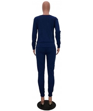 Sets Casual Womens Autumn and Winter Trousers Set Long Sleeve Crop Tops + Pants Suit - Dark Blue - CC192SQIIRI