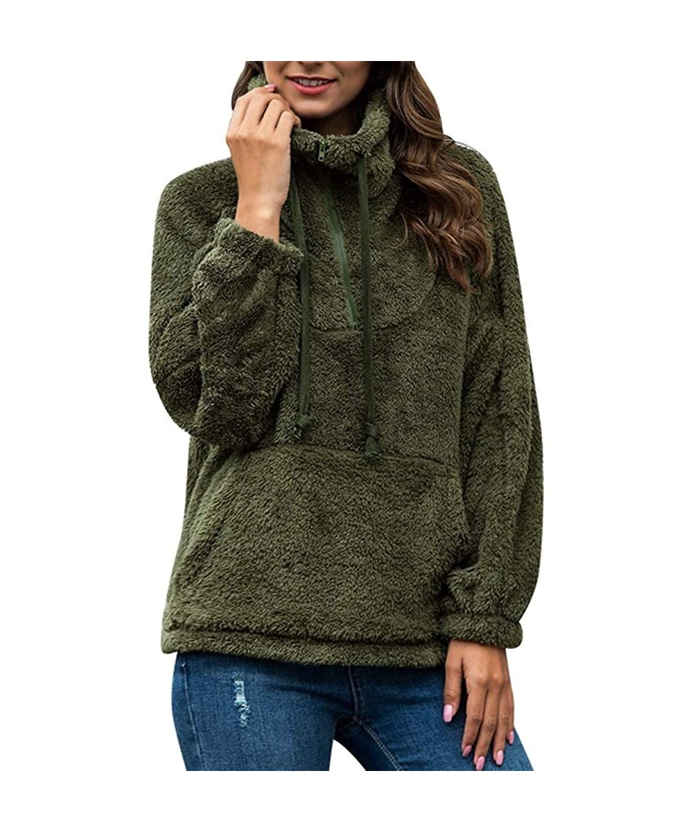 Thermal Underwear Women Warm Fluffy Winter Coat 1/2 Zipper Hoodie- Hooded Sweatshirt Pullover Jumper - E-army Green - C2192ZN...