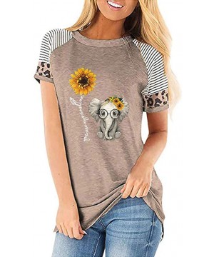 Tops Women's Sunflower Leopard Patchwork Short Sleeve O-Neck Print Casual Top T-Shirt - R-khaki - CR197M4AEDK