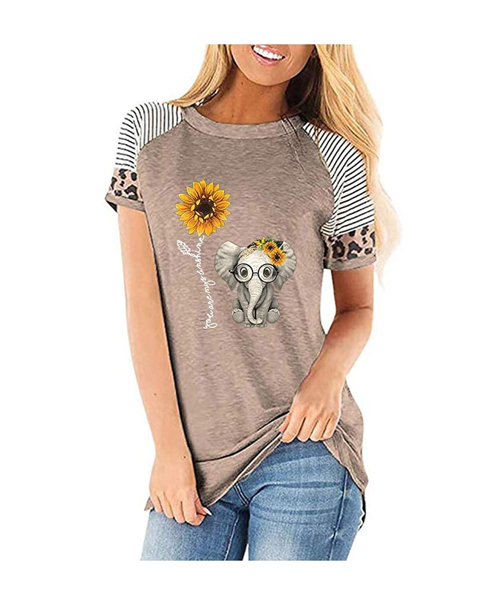 Tops Women's Sunflower Leopard Patchwork Short Sleeve O-Neck Print Casual Top T-Shirt - R-khaki - CR197M4AEDK