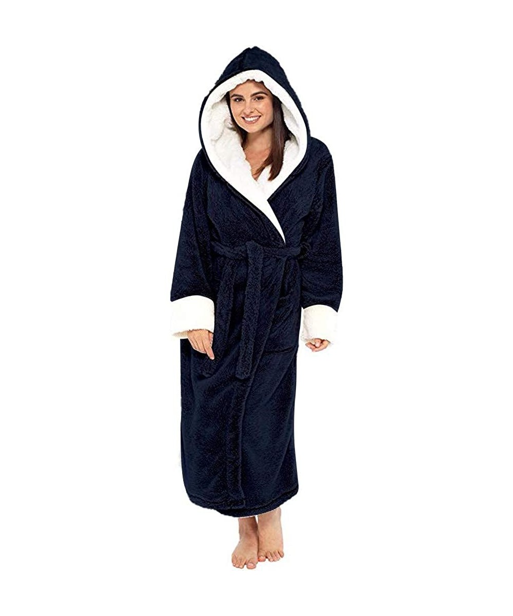 Bottoms Womens Plush Fleece Robe with Hood Winter Warm Comfy Bathrobe Long Sleeve Solid Color Sleepwear Plus Size 2 dark Blue...