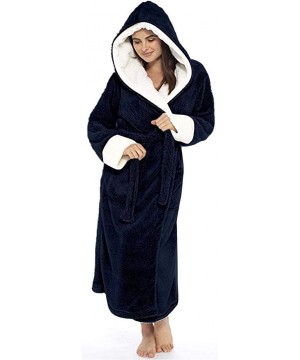 Bottoms Womens Plush Fleece Robe with Hood Winter Warm Comfy Bathrobe Long Sleeve Solid Color Sleepwear Plus Size 2 dark Blue...