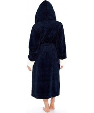 Bottoms Womens Plush Fleece Robe with Hood Winter Warm Comfy Bathrobe Long Sleeve Solid Color Sleepwear Plus Size 2 dark Blue...