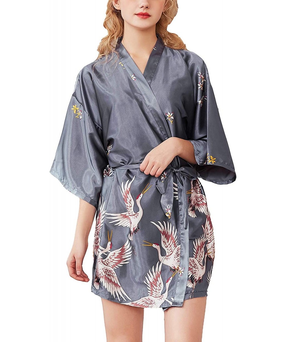 Robes Women's Satin Kimono Robe Silky Short Bathrobe Summer Carne Soft Dressing Gown Robes - Grey - CM18ND5HA60