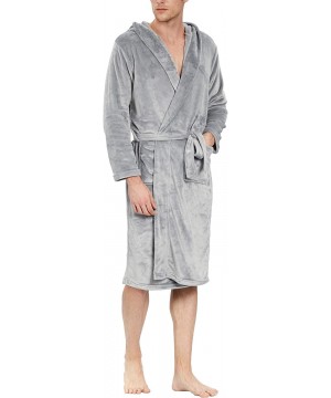 Robes Mens Flannel Robe Long Hooded Plush Shawl Kimono Bathrobe Sleepwear - Grey - CM18X7ZQ3GL