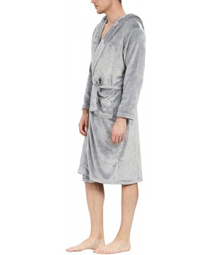 Robes Mens Flannel Robe Long Hooded Plush Shawl Kimono Bathrobe Sleepwear - Grey - CM18X7ZQ3GL