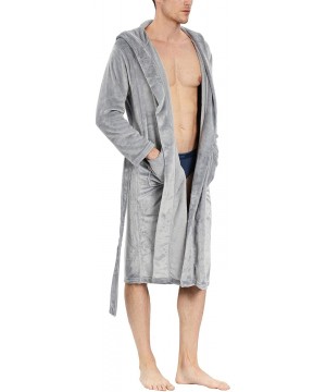 Robes Mens Flannel Robe Long Hooded Plush Shawl Kimono Bathrobe Sleepwear - Grey - CM18X7ZQ3GL