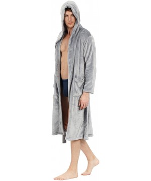 Robes Mens Flannel Robe Long Hooded Plush Shawl Kimono Bathrobe Sleepwear - Grey - CM18X7ZQ3GL