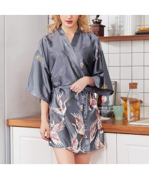 Robes Women's Satin Kimono Robe Silky Short Bathrobe Summer Carne Soft Dressing Gown Robes - Grey - CM18ND5HA60