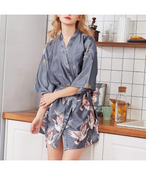 Robes Women's Satin Kimono Robe Silky Short Bathrobe Summer Carne Soft Dressing Gown Robes - Grey - CM18ND5HA60