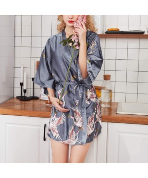 Robes Women's Satin Kimono Robe Silky Short Bathrobe Summer Carne Soft Dressing Gown Robes - Grey - CM18ND5HA60