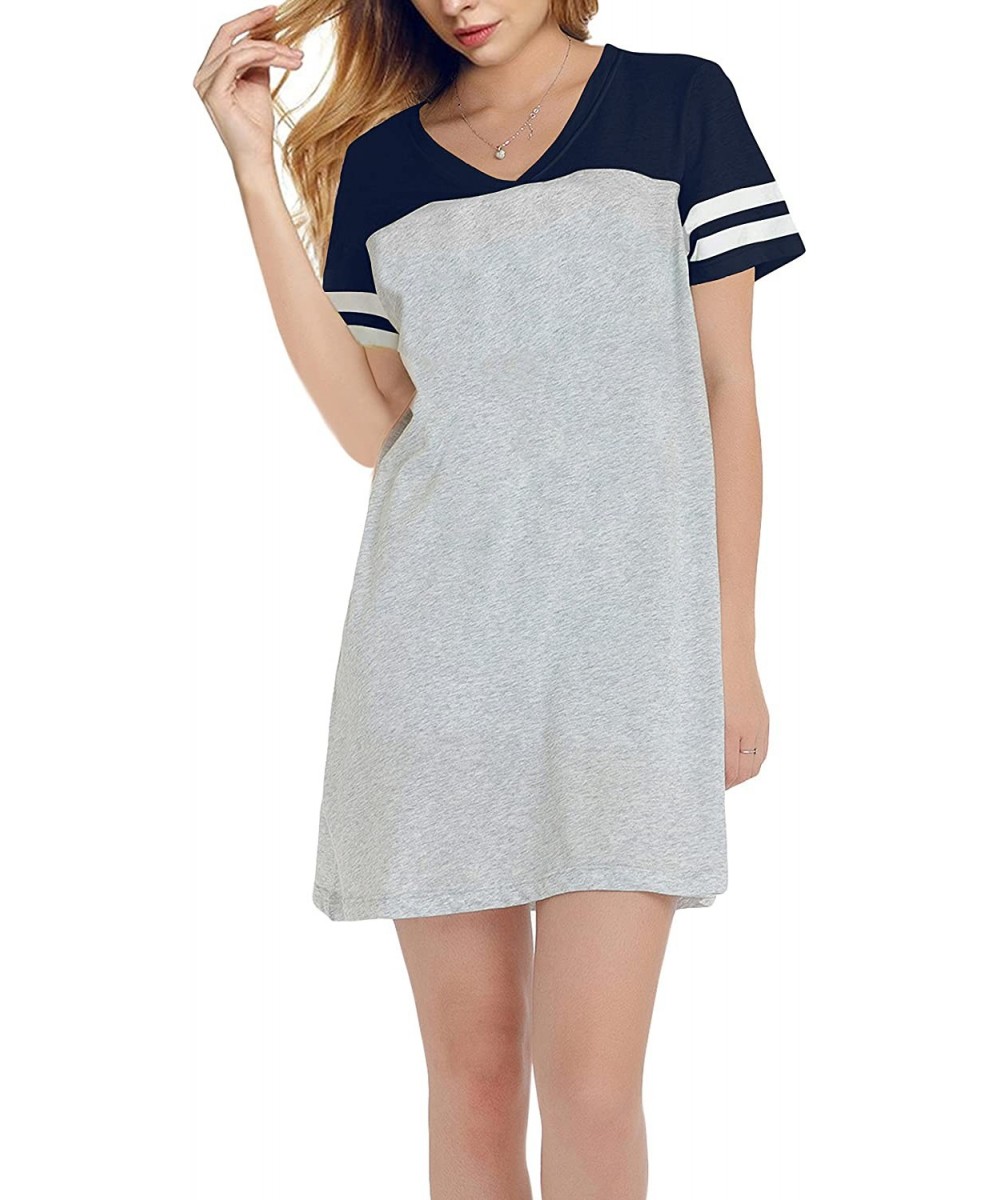 Nightgowns & Sleepshirts Women's Casual Patchwork Short Sleeve V-Neck Nightshirts - Navy Grey - CO18NYKNWQI