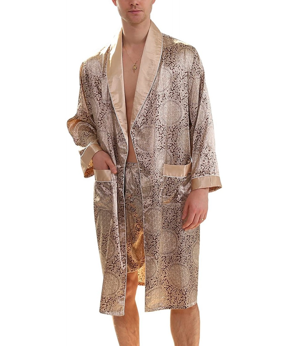 Robes Men's Summer Luxurious Kimono Soft Satin Robe Long-Sleeve Nightgown Printed Pajamas Bathrobes - Gold - CD18ERIHRY3