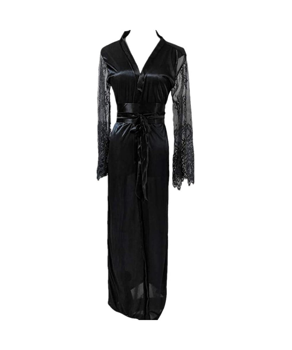 Nightgowns & Sleepshirts Pijamas Women Satin Long Nightdress Silk Lace Bandage Belt Lingerie Nightgown Sleepwear Sexy Robe - ...