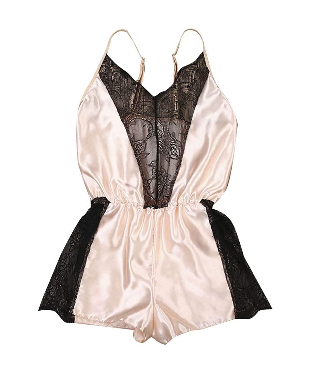 Baby Dolls & Chemises Sleepwear Women Lingerie Bodysuit V Neck Teddy Lace Babydoll Satin Pajamas Nightwear - Brown - C2197CACCX8