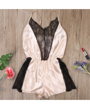 Baby Dolls & Chemises Sleepwear Women Lingerie Bodysuit V Neck Teddy Lace Babydoll Satin Pajamas Nightwear - Brown - C2197CACCX8