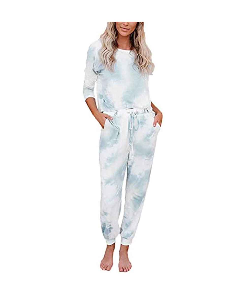 Accessories 2Pcs Women Tie-Dye Long Sleeve Sweatsuit Set Top Drawstring Sweatpants Sets - Light Blue - C1190R5G87A