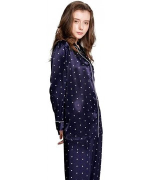 Sets Womens Satin Pajama Set Button Down Sleepwear Long PJS XS-3XL - Navy Blue - CE12LBBUJ77