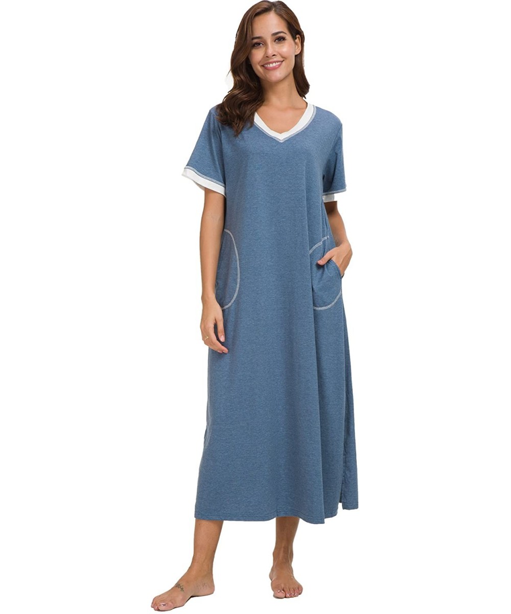 Nightgowns & Sleepshirts Nightgown Women Cotton Knit Lounge Dress V Neck Nightshirt - Blue - C418EO70X6C