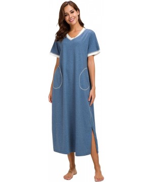 Nightgowns & Sleepshirts Nightgown Women Cotton Knit Lounge Dress V Neck Nightshirt - Blue - C418EO70X6C