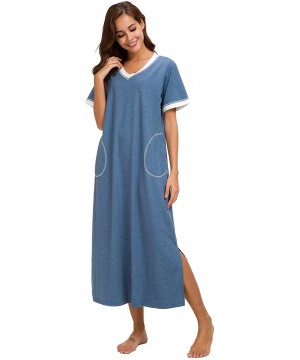 Nightgowns & Sleepshirts Nightgown Women Cotton Knit Lounge Dress V Neck Nightshirt - Blue - C418EO70X6C