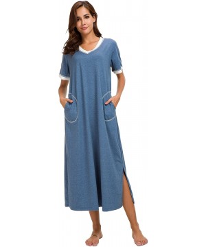 Nightgowns & Sleepshirts Nightgown Women Cotton Knit Lounge Dress V Neck Nightshirt - Blue - C418EO70X6C